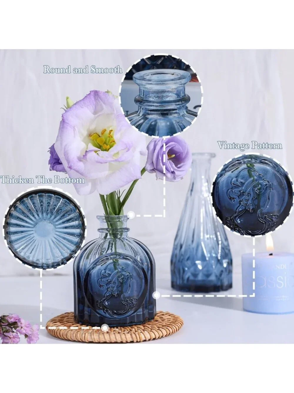 Set of 5 Mini Blue Glass Bud Vases | Vintage Floral Centerpieces for Weddings
